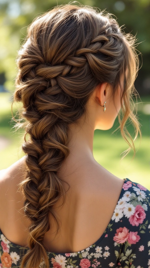 A beautiful fishtail braid with loose curls styled on a woman in a floral dress