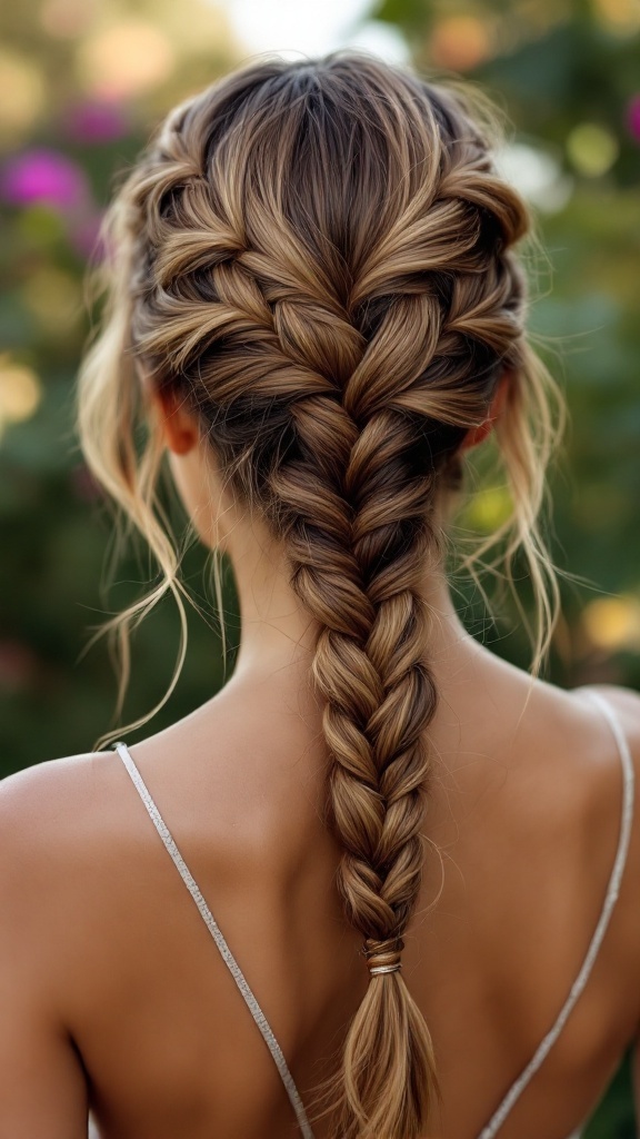A fishtail braid hairstyle with loose strands on medium-length hair