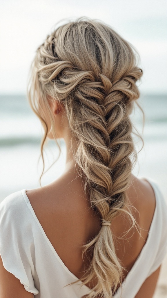 A fishtail braid hairstyle with loose waves, showcasing an elegant and relaxed look for bridesmaids.