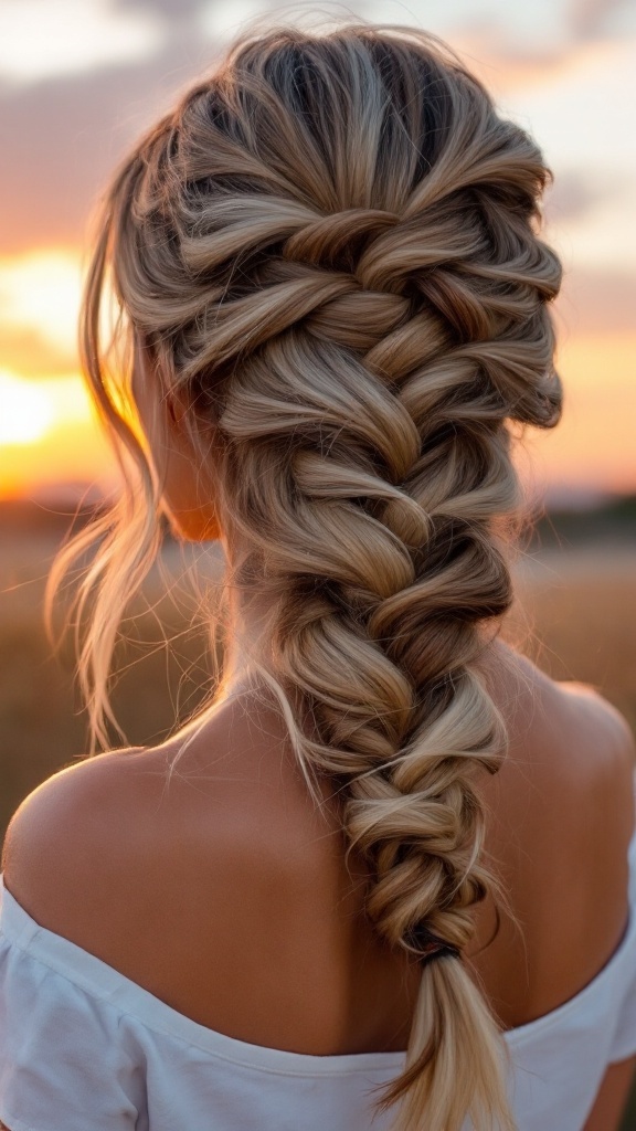 A woman with a fishtail braid hairstyle, featuring an ombre color blend, standing against a sunset backdrop.