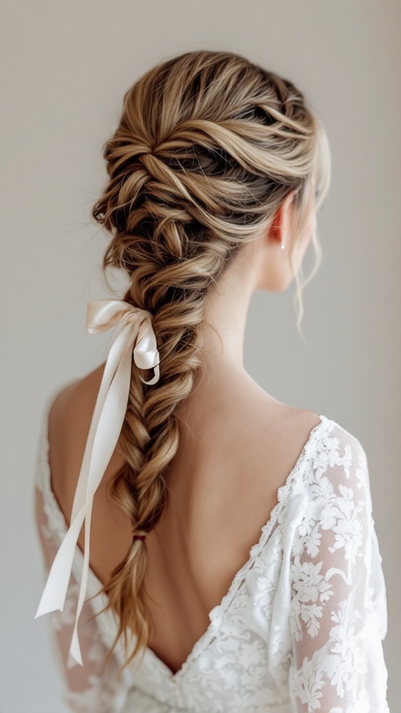 A fishtail braid hairstyle featuring a ribbon, designed for brides with long hair.