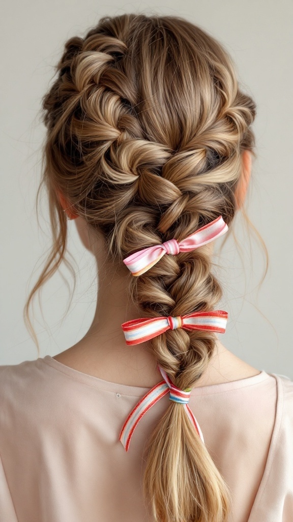 A fishtail braid hairstyle adorned with colorful ribbons.