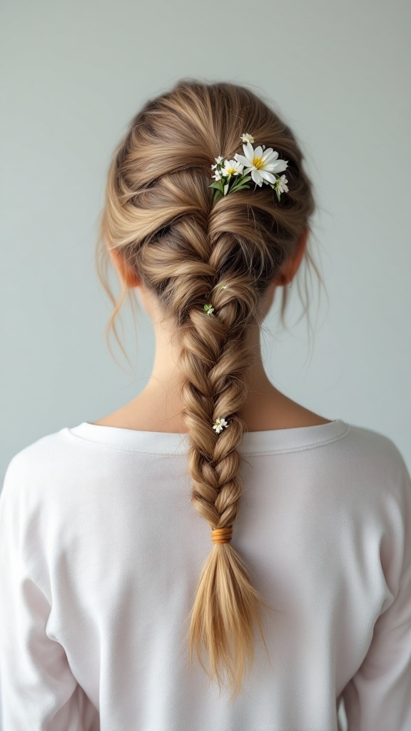 A back view of a fishtail braid with flowers, styled with a side part.