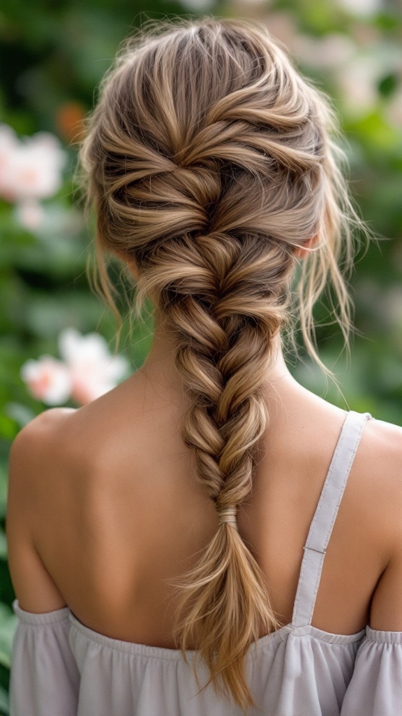 A fishtail braid styled with a side part, showcasing long hair.
