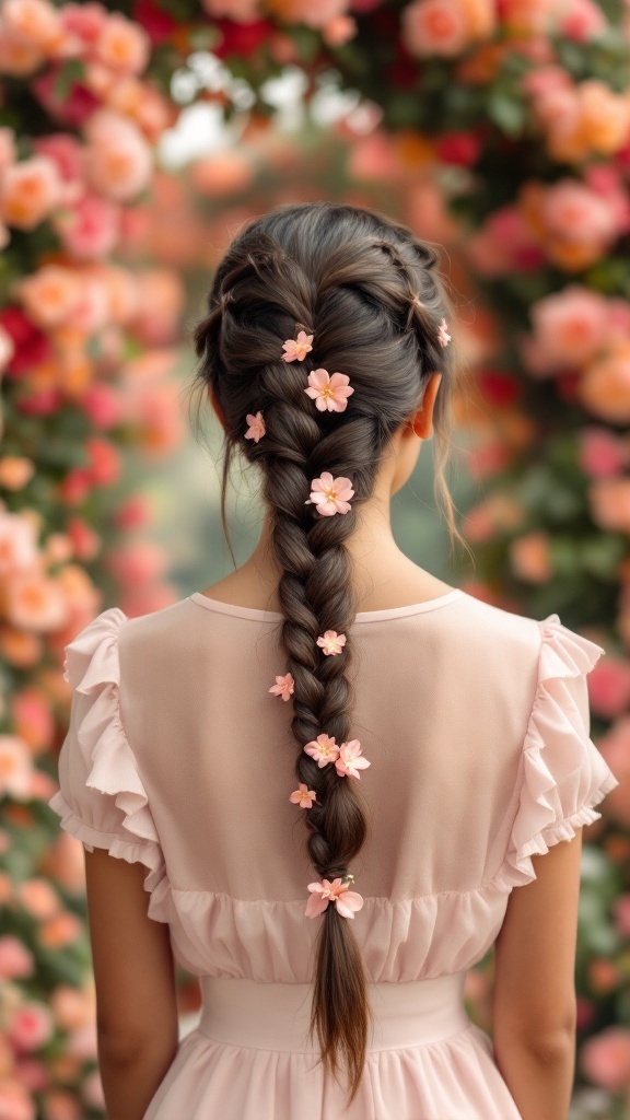 A fishtail braid adorned with silk flowers, styled on a young girl.