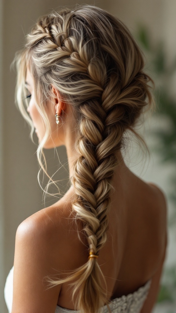 A close-up of a fishtail braid hairstyle with soft highlights.