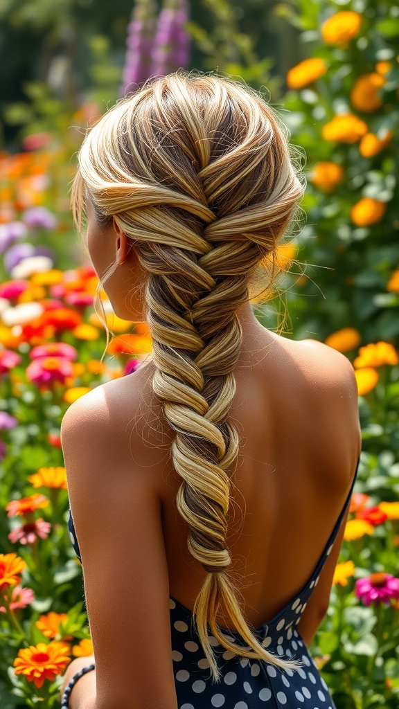 A woman with a fishtail braid and sun-kissed highlights, surrounded by colorful flowers.