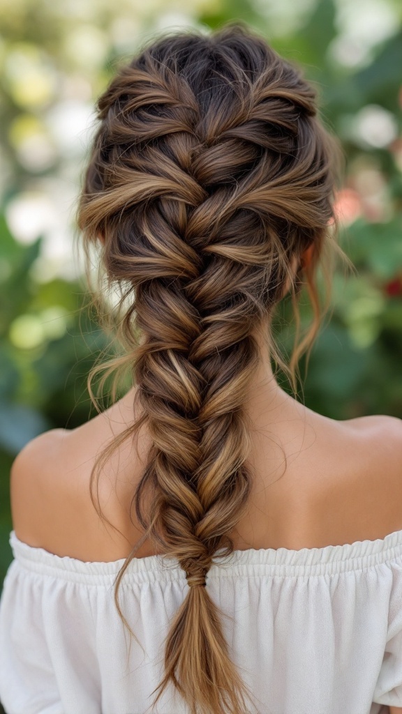 A fishtail braid with textured ends on thick hair, showcasing a stylish and relaxed look.