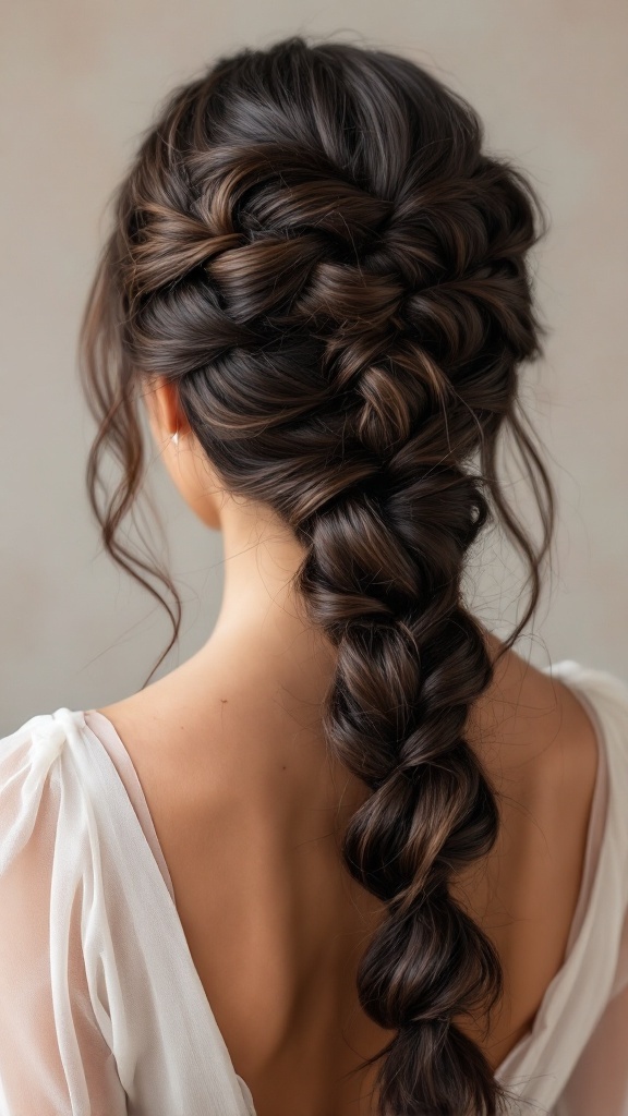 A fishtail braid hairstyle adorned with tulle, styled elegantly for a bridesmaid