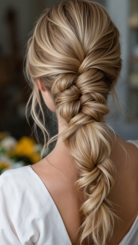 A fishtail braid hairstyle with a twisted accent, perfect for bridesmaids.