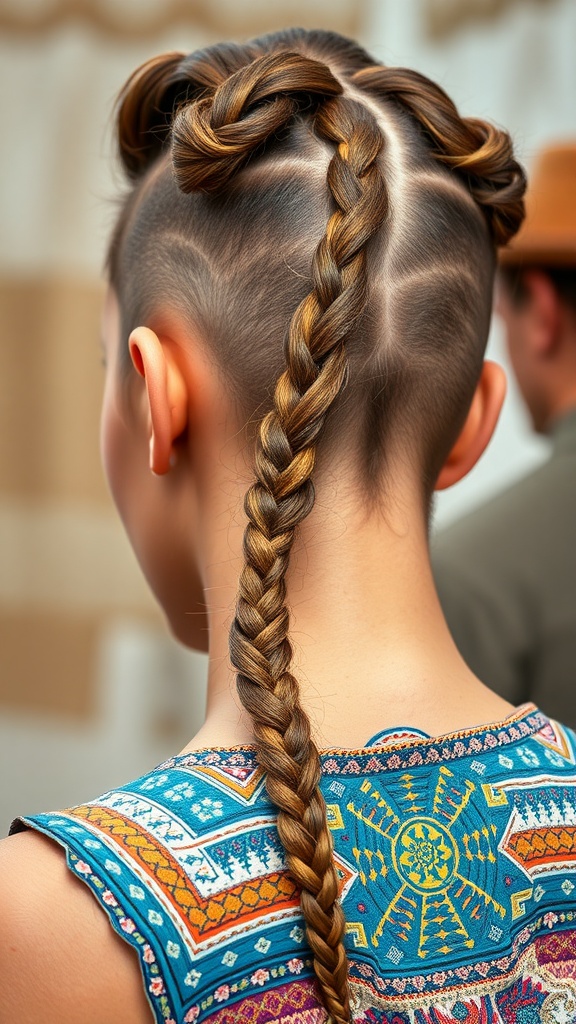 A back view of a fishtail braided mohawk hairstyle with shaved sides and a colorful patterned top.