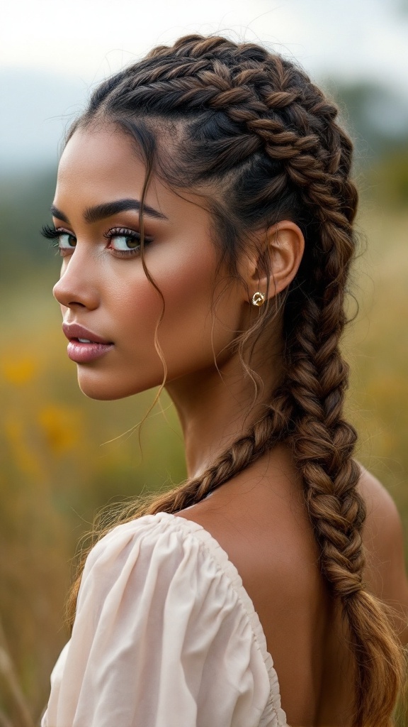 A woman with a fishtail ponytail, showcasing a stylish hairstyle in a natural setting.