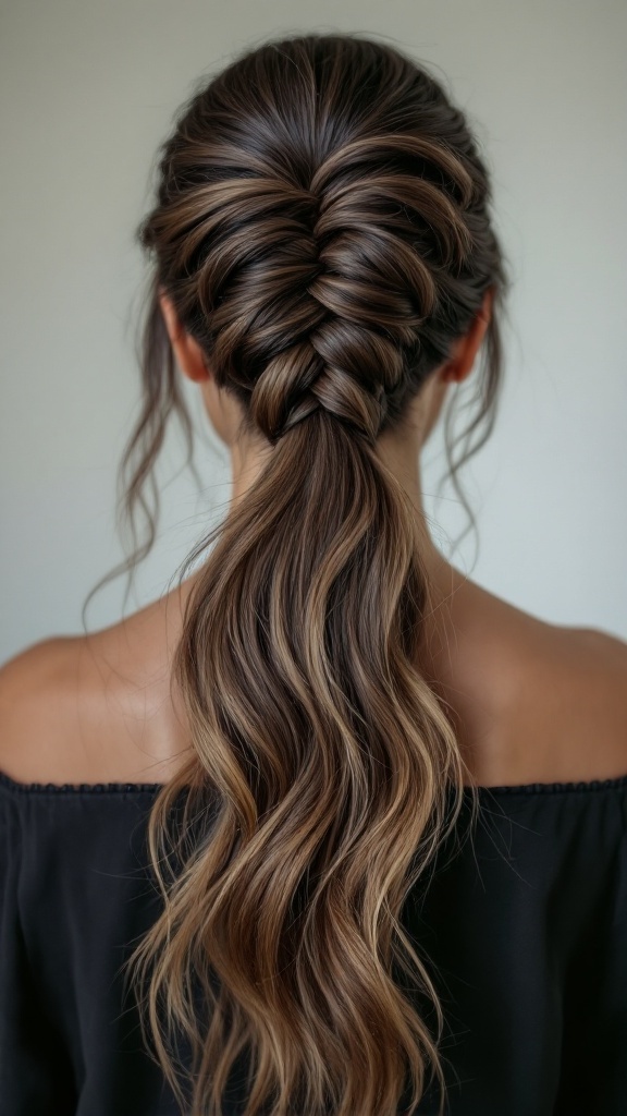 A woman with a fishtail twisted half up hairstyle, featuring loose waves and volume.