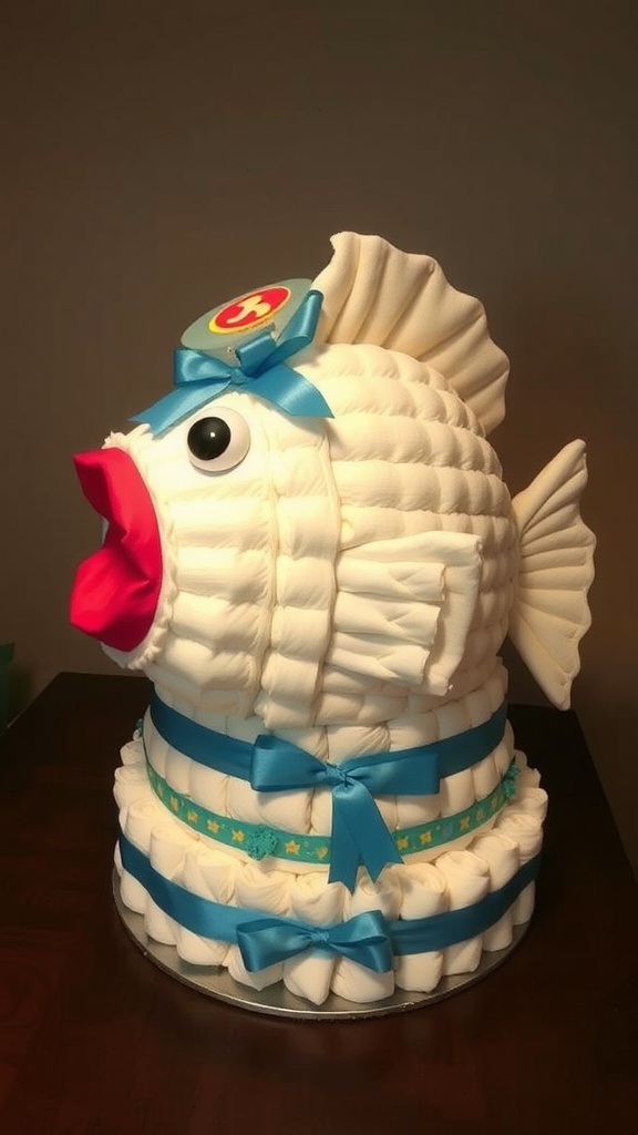 A diaper cake shaped like a fish with colorful ribbons and decorations.