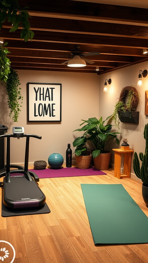 A cozy basement fitness and wellness space with a treadmill, yoga mats, and plants.