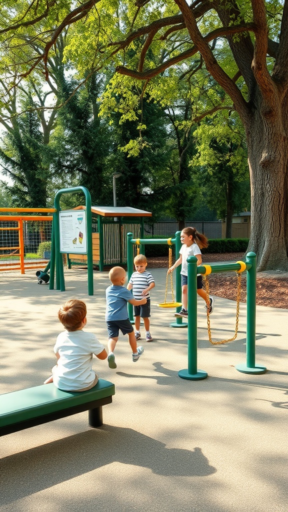 Children playing at fitness stations in an outdoor play area, enjoying active play.