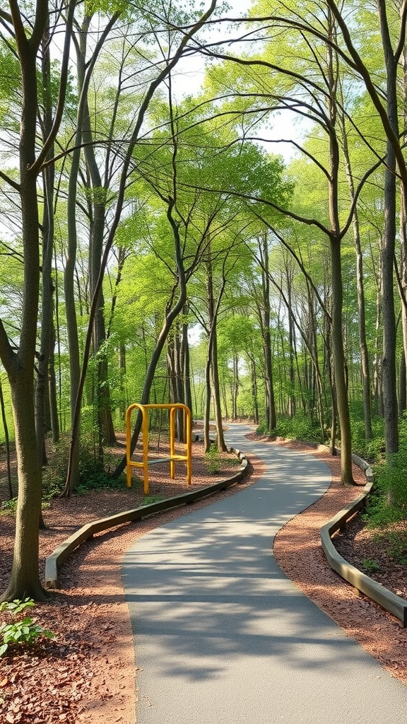 Winding fitness trail surrounded by trees, featuring a yellow exercise station.