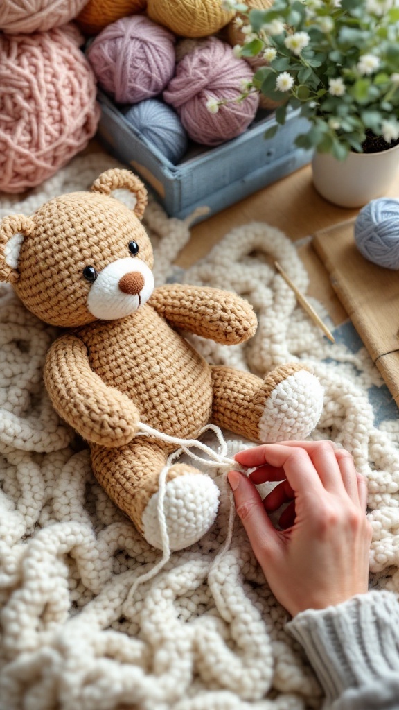 A crocheted teddy bear being worked on with colorful yarn in the background.