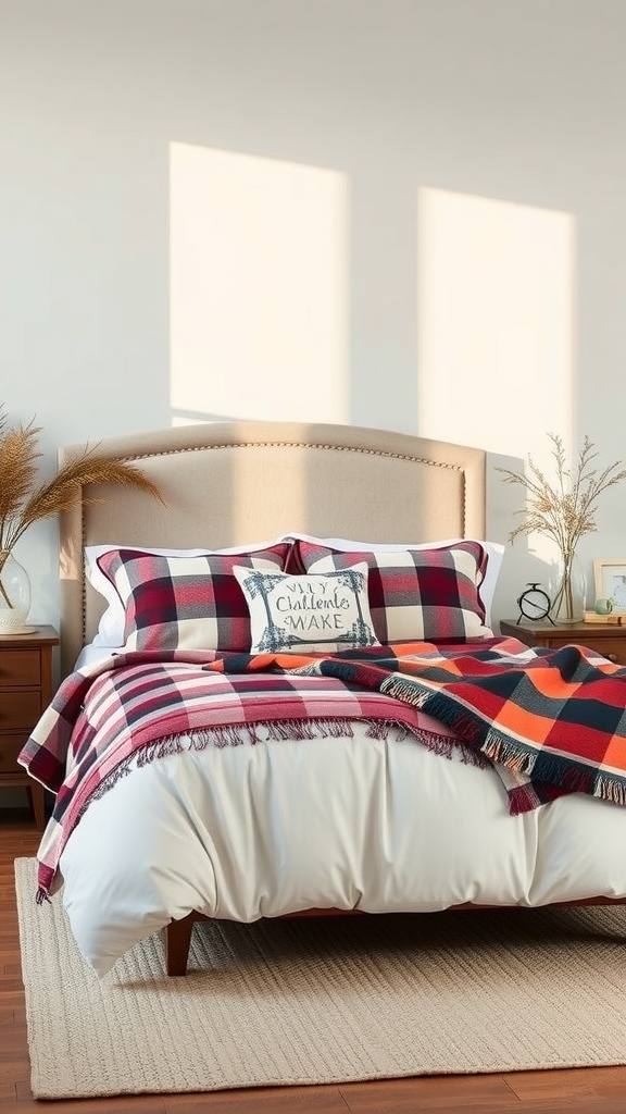 A beautifully made bed featuring flannel bedding with plaid patterns and a decorative pillow.