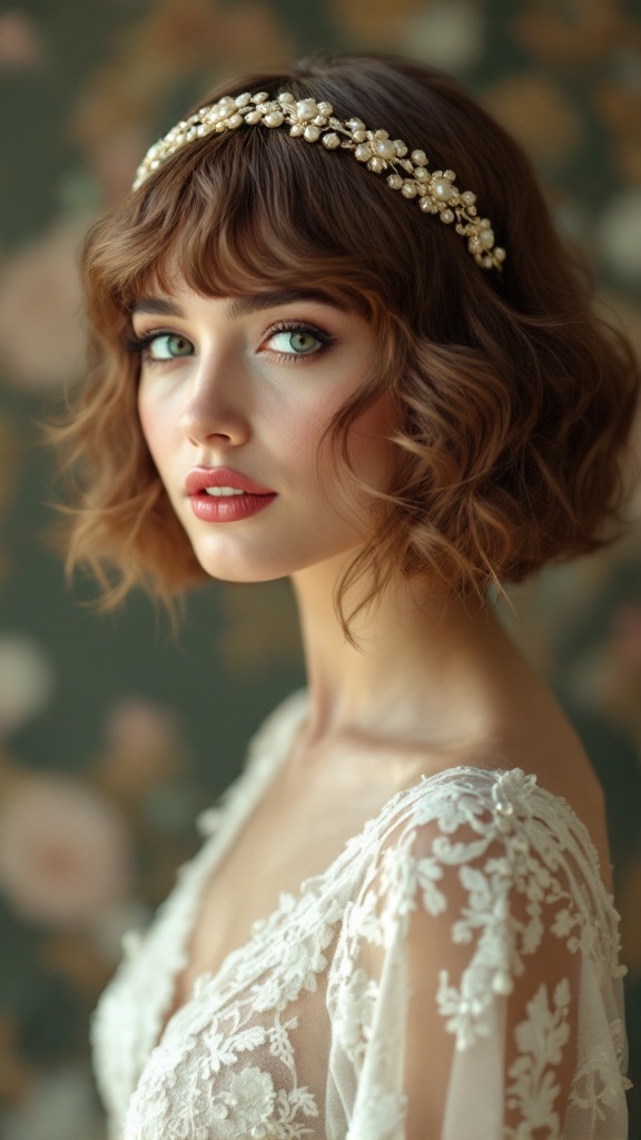 A woman with a flapper bob hairstyle adorned with a beaded headband, showcasing vintage elegance.