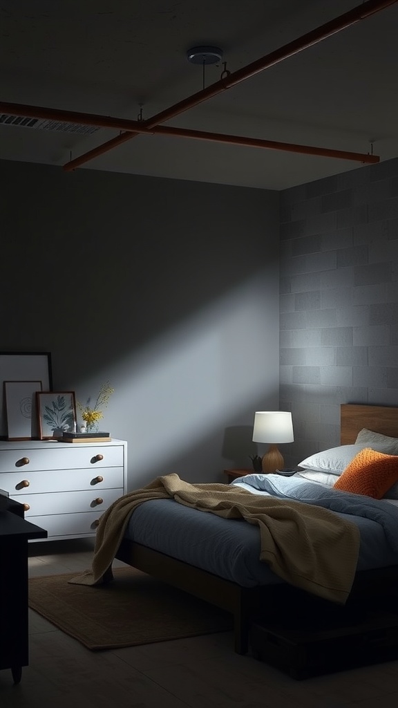 A dimly lit bedroom with a bed, a lamp, and a dresser, emphasizing the need for a flashlight.