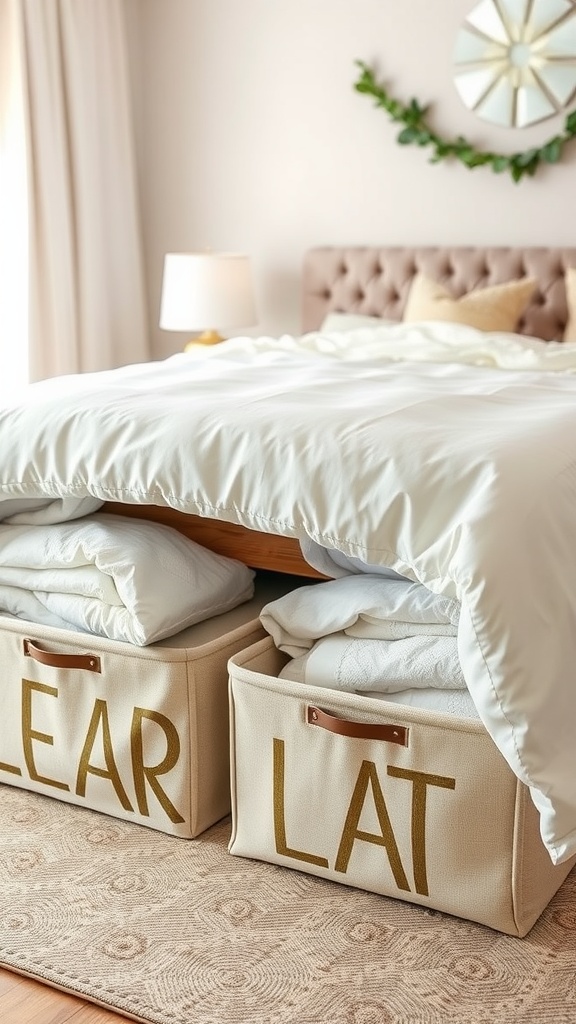 Flat storage bins for bedding under a bed, with a cozy bedroom setting.