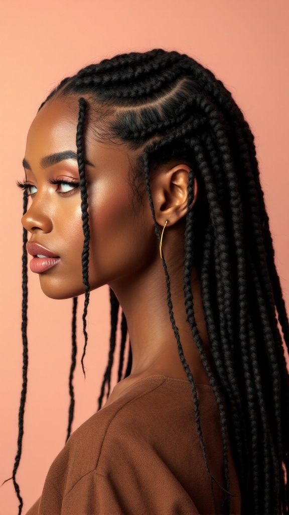 A side profile of a young woman with flat twists and a defined part, showcasing her natural hairstyle.