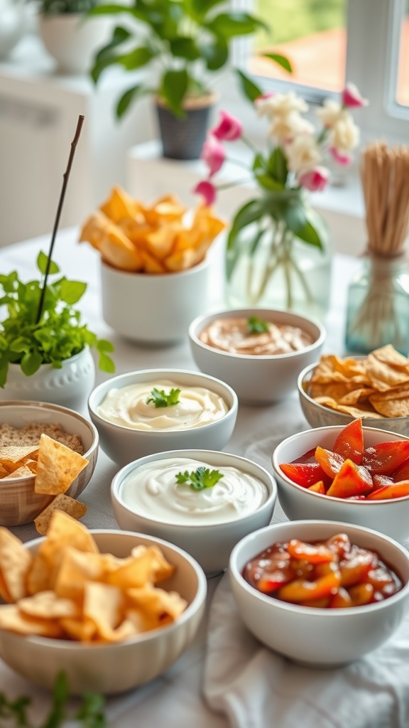 A table setup with various dips and chips for a baby shower