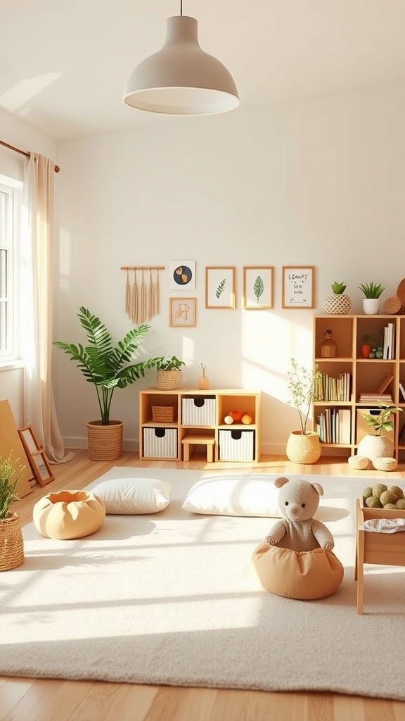 A bright and spacious Montessori toddler room featuring soft cushions, natural materials, and open floor space.