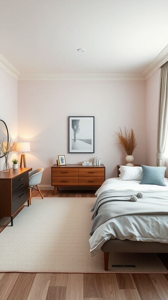 A cozy shared bedroom featuring twin beds, a wooden dresser, and a desk, designed for flexibility and comfort.