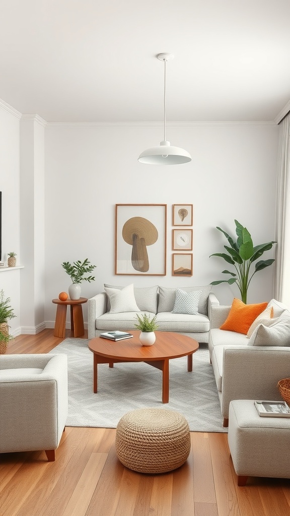 A bright and cozy family room with a flexible layout featuring comfortable seating, a round coffee table, and plants.