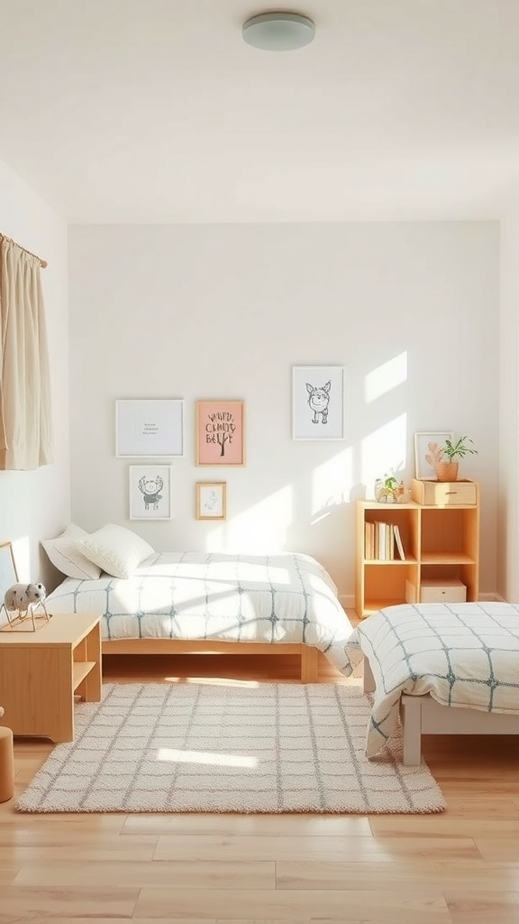 A bright Montessori toddler bedroom featuring two low beds, a cozy rug, and playful wall art.
