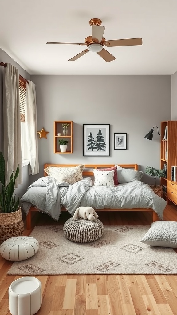 A cozy shared bedroom for kids with two beds, soft textures, and playful decor.