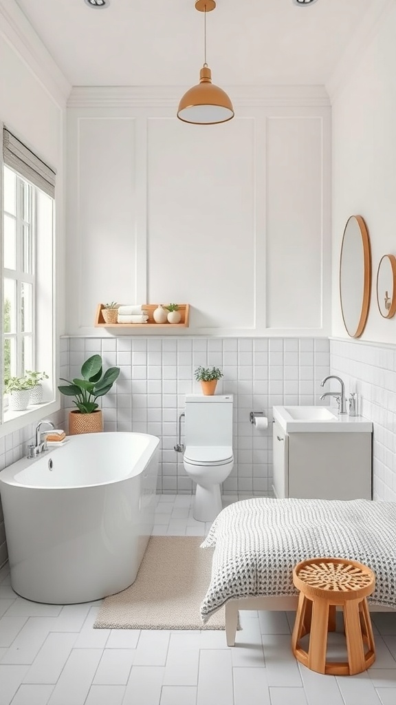 A modern kids bathroom featuring a bathtub, shower, and plants, designed for flexibility and accessibility.