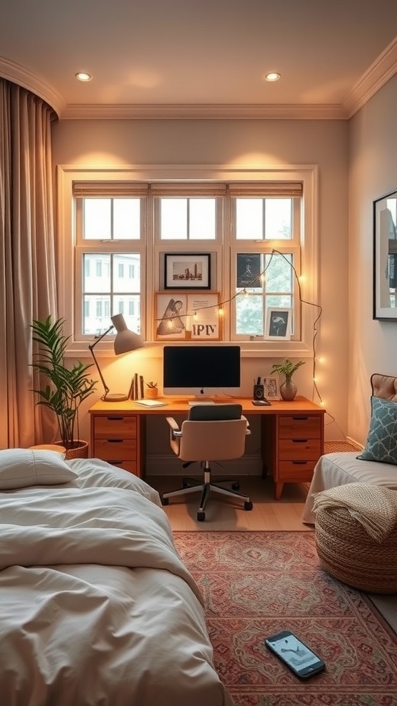 A cozy bedroom office setup with a desk, computer, and soft lighting.