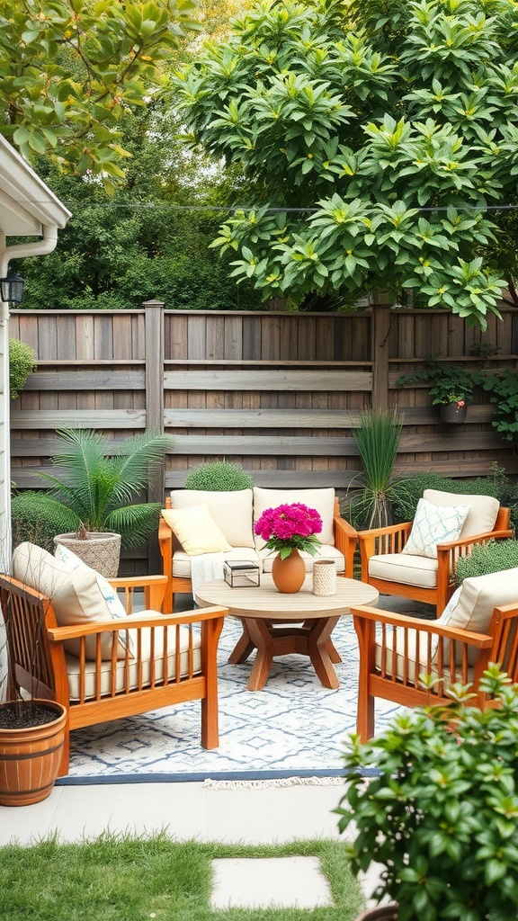 A cozy backyard seating area with wooden chairs, a round table, and greenery.