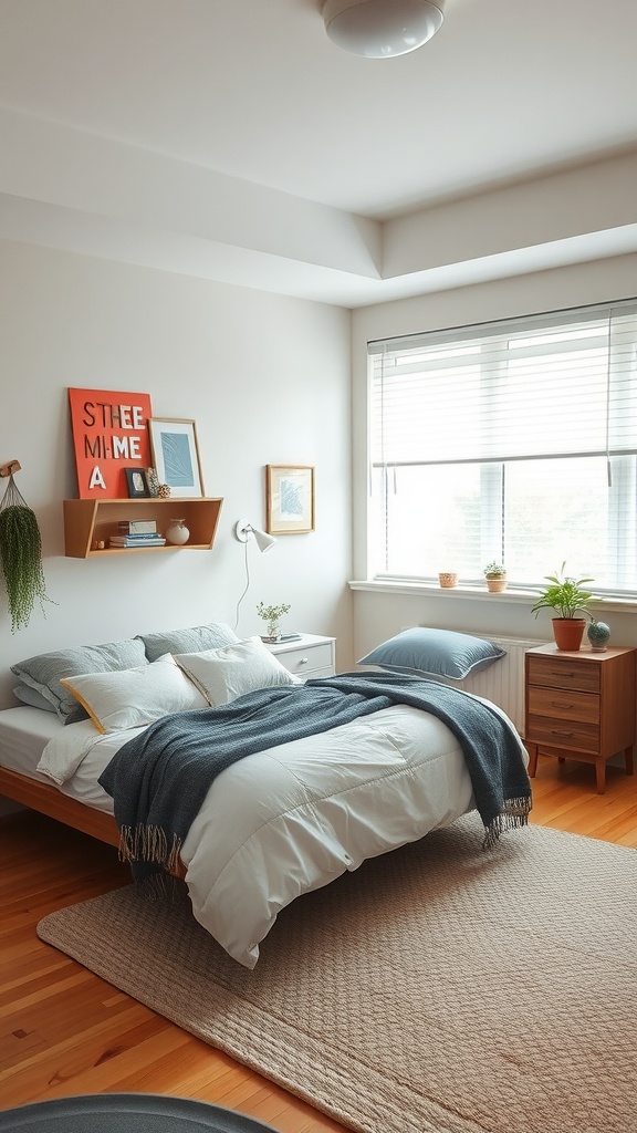 A cozy boy-girl shared bedroom with a bed, decorative elements, and natural light.