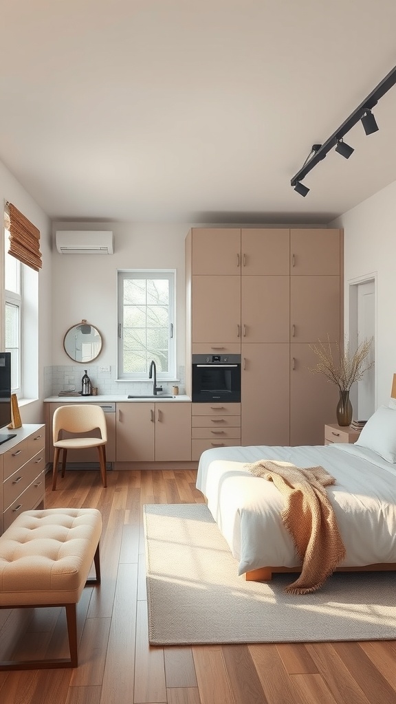 A modern kitchen featuring flexible track lighting, showcasing a stylish and functional design.