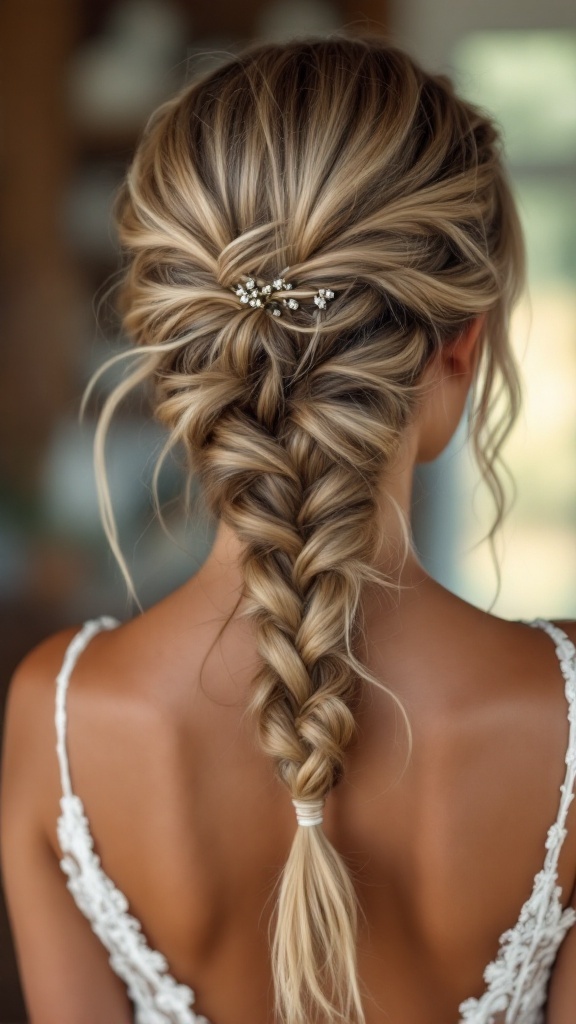 A hairstyle featuring flirty braids with loose ends and decorative hair accessory.