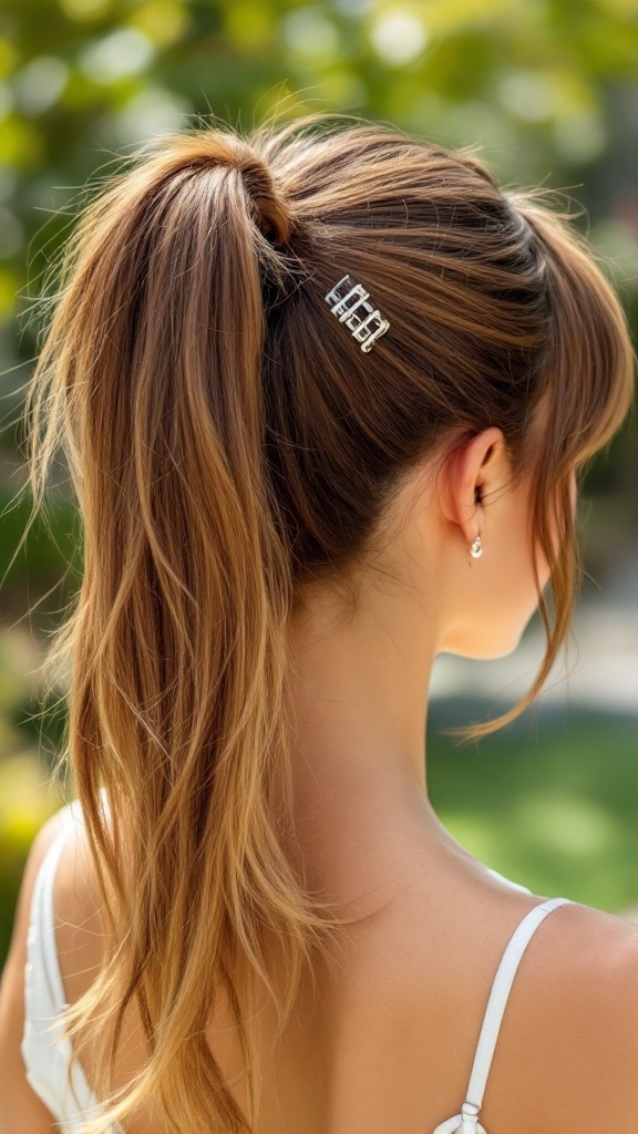 A woman with a ponytail secured by a claw clip, featuring bangs framing her face.