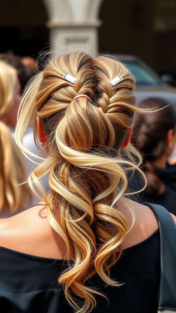 A woman with flirty loose waves styled with clips, showcasing a sporty and playful hairstyle.
