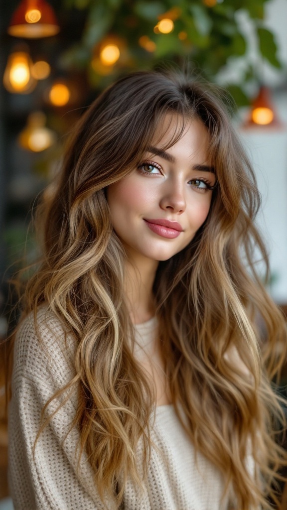 A young woman with long, wavy hair and side-swept bangs, posing in a cozy setting with warm lighting.