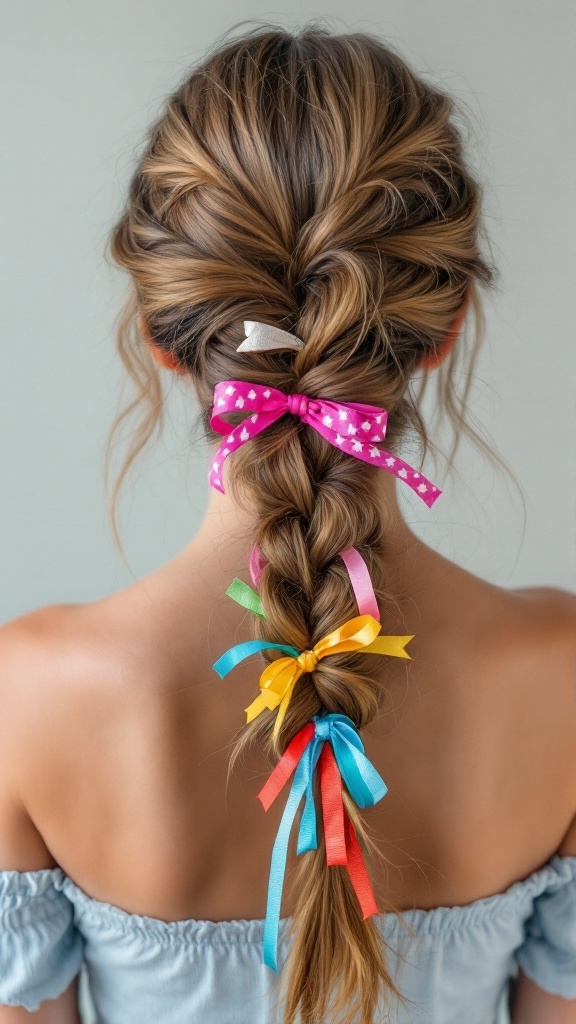 A flirty side braid adorned with colorful ribbons.