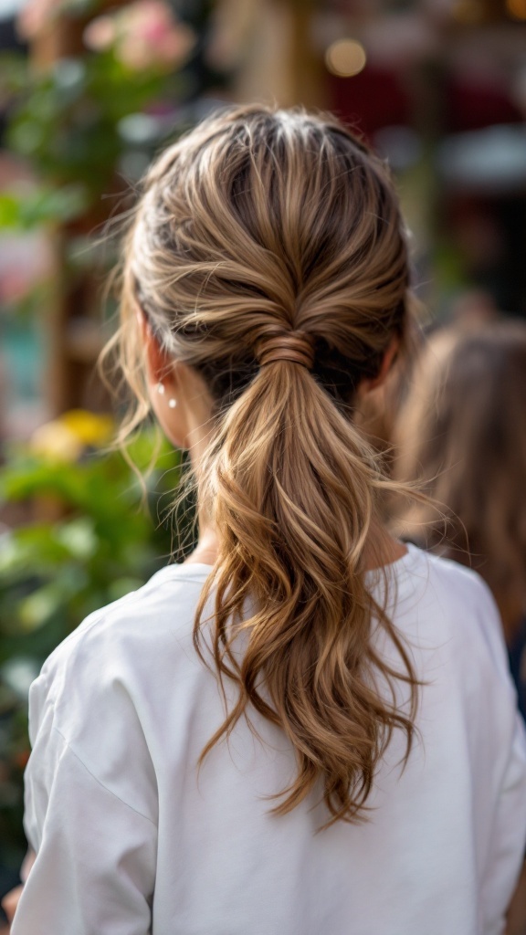 A woman with a flirty side ponytail, showcasing soft waves and a casual look.