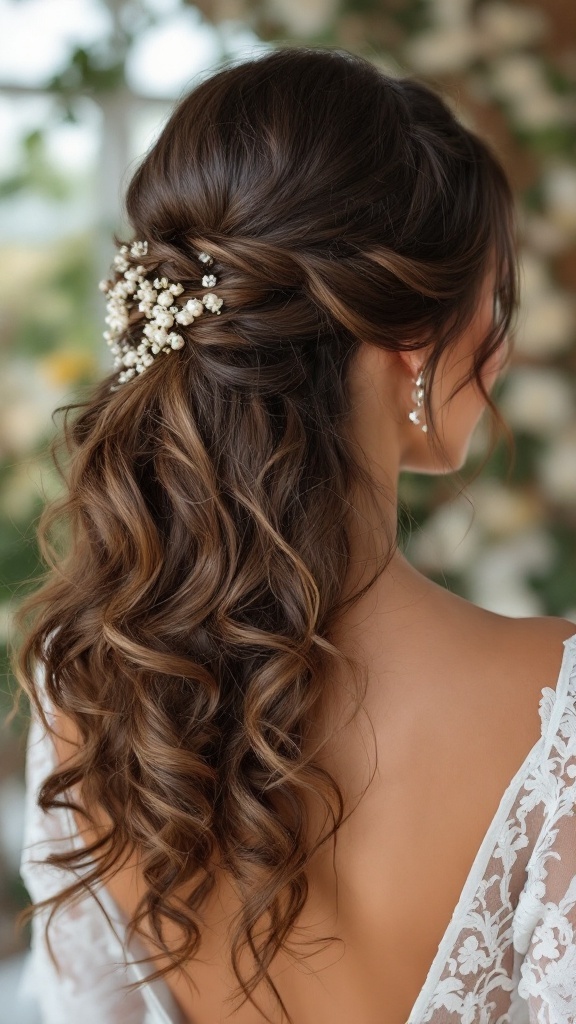 A flirty side swept updo with curls, decorated with small floral pins, showcasing a romantic hairstyle