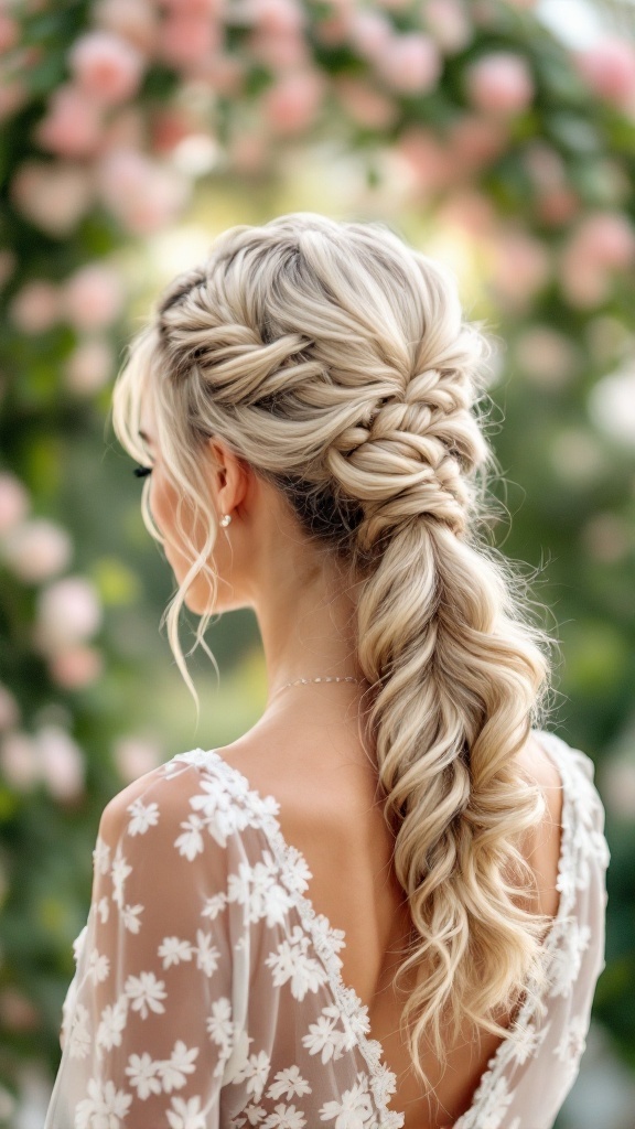 A flirty twisted ponytail hairstyle on a bride's maid, showcasing soft waves and volume, set against a floral backdrop.