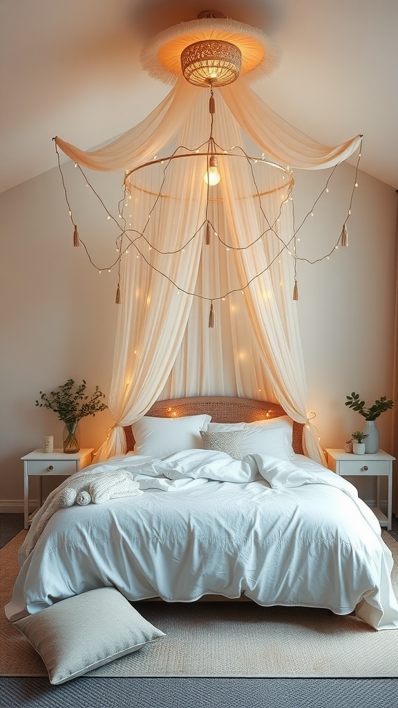 A bedroom with a floating canopy made of soft fabric, illuminated with fairy lights, creating a cozy atmosphere.