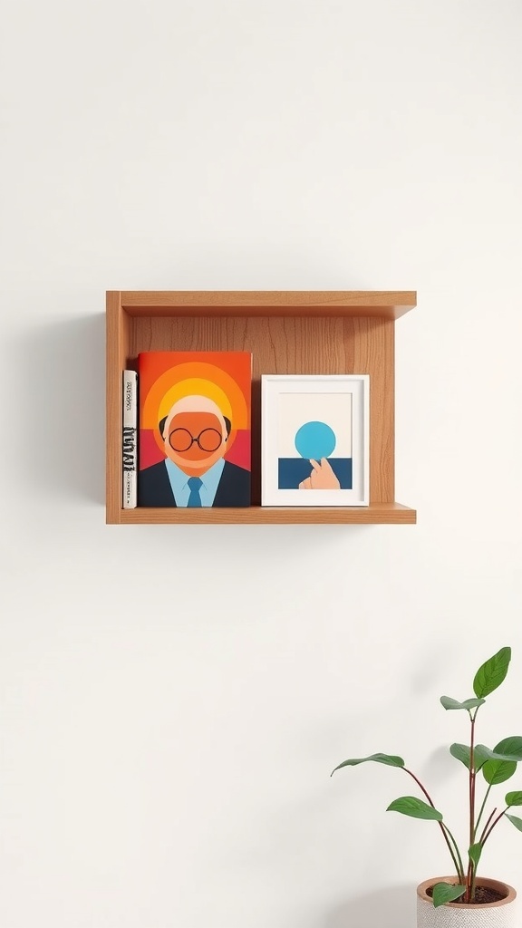 A floating corner bookshelf with colorful books and framed art