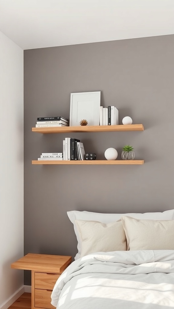 Floating corner shelves with books and decorative items above a bed