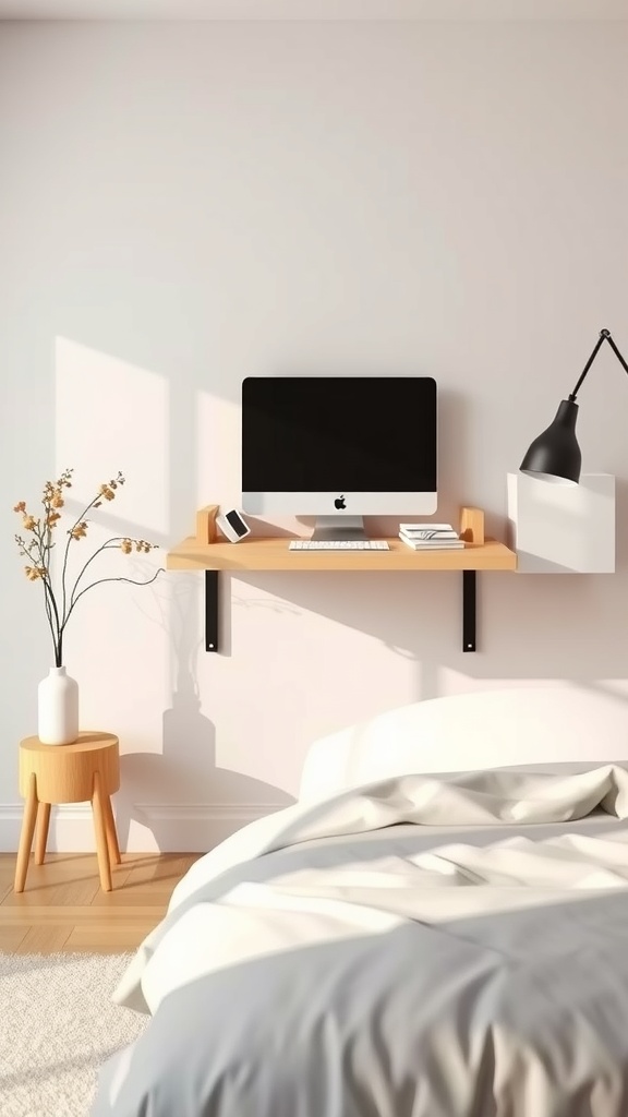 A modern floating desk against a wall in a bedroom, featuring a computer, lamp, and a plant on a stool.
